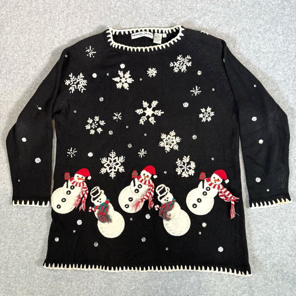 VTG Michael Simon Snowman Sweater Black Embroidered Rhinestones Holiday Party